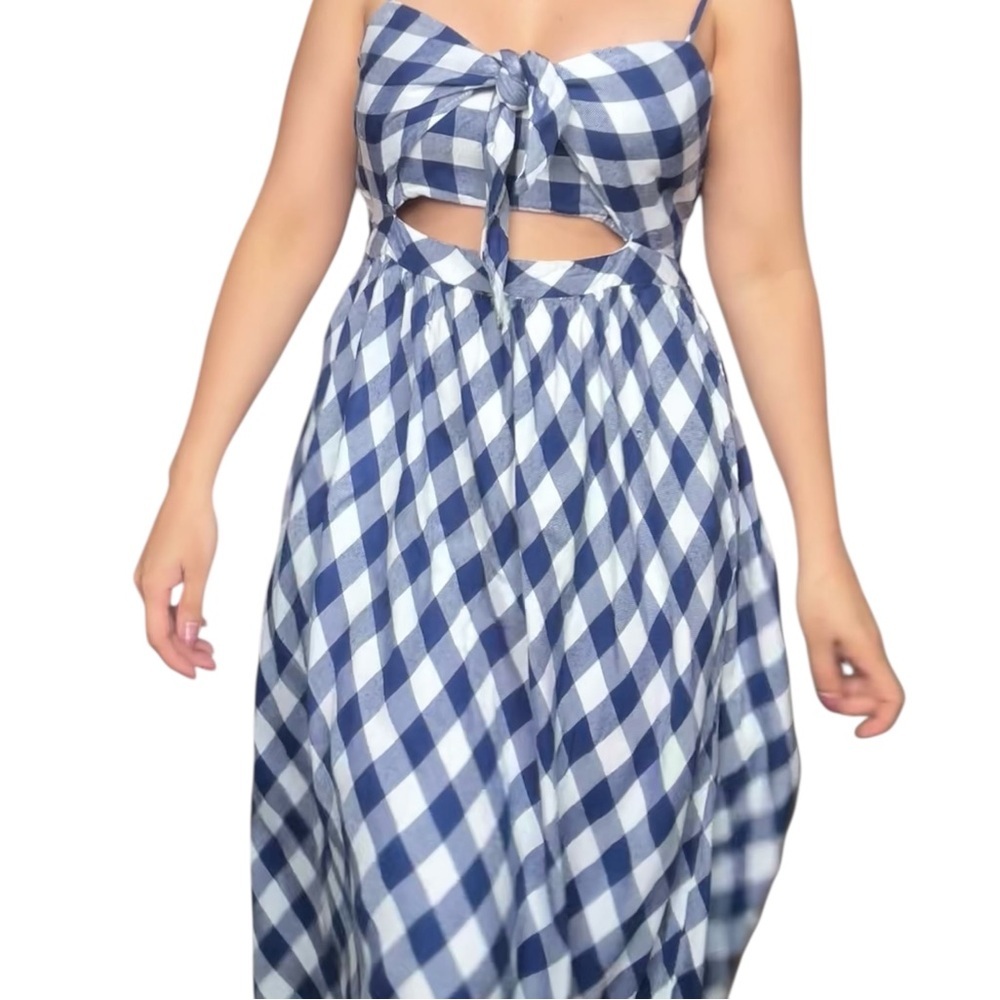 Dex -  Navy and White Gingham Tie-Front Midi Dress - Small - Picture 4 of 12